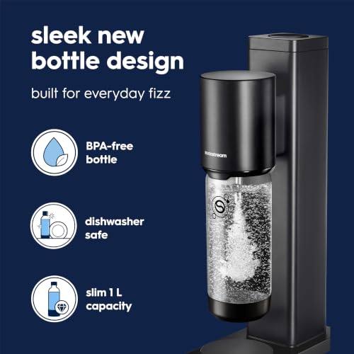 Sodastream Fresh | Soda Machine Sparkling Water Maker Value Bundle (Black) With 2x 60L CO2 Canisters, 1x Carbonating Bottle, 1x Fizz & Go Cool Metal Bottle (Storm) and 3x Zero Flavors
