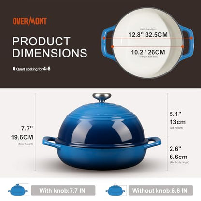 Overmont Enameled Cast Iron Bread Oven - 6QT Bread Dutch Oven for Sourdough Baking - Bread Pot with Dome Lid Cotton Potholders & Cookbook - Multi-Functional Bread Pan For Baking Frying Roasting