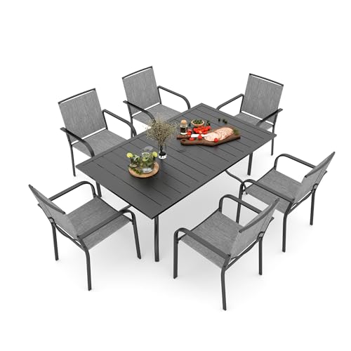 Anmutig 7-Piece Outdoor Patio Dining Set, 6 Stackable Patio Chairs & Rectangular Dining Table with All Weather Frame Furniture Set - 63" x 38" Gray