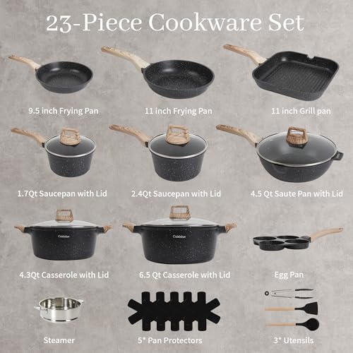 Cuisinluv 23Pcs Pots and Pans Set Non Stick, Kitchen Cookware Sets, Granite Induction Cookware Non Stick Cooking Set w/Frying Pans, Saucepans, Griddle, EggPan (Black)