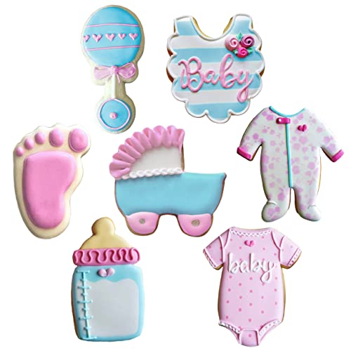 Ann Clark 7-Pc. Baby Shower Cookie Cutter Set, Made in USA, Baby Onesie, Footie Pajamas, Bottle, Rattle, Bib, Footprint and Carriage
