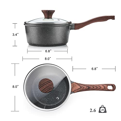 SENSARTE Nonstick Saucepan with Lid, 2.5 Quarts Medium Pot with Swiss Granite Coating, Stay-cool Handle, Sauce Pan Small Kitchen Cooking Pot, Induction Comptable, Free of Intentionally Added PFOA