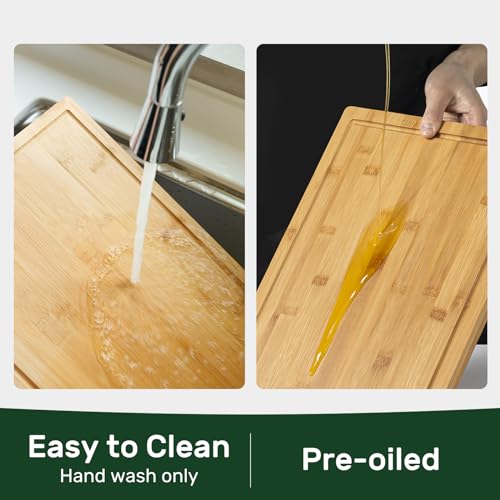 Kikcoin 20”×14” Bamboo Cutting Boards for Kitchen, Wooden Healthy Cutting Boards for Charcuterie, Vegetables, Cheese, Bread, Extra Large Chopping Boards with Deep Juice Groove and Handle, Natural