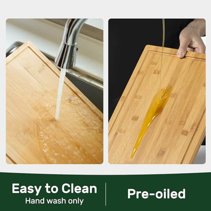 Kikcoin 20”×14” Bamboo Cutting Boards for Kitchen, Wooden Healthy Cutting Boards for Charcuterie, Vegetables, Cheese, Bread, Extra Large Chopping Boards with Deep Juice Groove and Handle, Natural