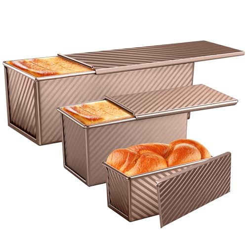 BAISHUN 3 Pack Pullman Loaf Pans with Lids, 2.2LB 1LB 0.5LB Bread Pans, Non-stick Carbon Steel Bread Pans for Homemade Sandwich and Baking Sourdough Bread, Corrugated Toast Mold, Golden