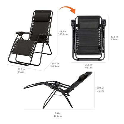 Amazon Basics Zero Gravity Lounge Chair with Pillow, Foldable Outdoor Reclining Chair for Patio and Beach, Weather-Resistant Textilene, 300 lb Capacity, 26", Black