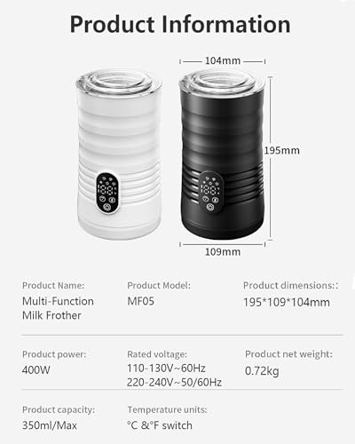 Milk Coffee Frother and Steamer,Temperature Display, 350lm, Burn-Free Base, Easy To Clean, 96% High Foam Rate,Ultra-Quiet Operation,Electric Cold Foam Maker Machine,Hot Chocolate Frother - Black