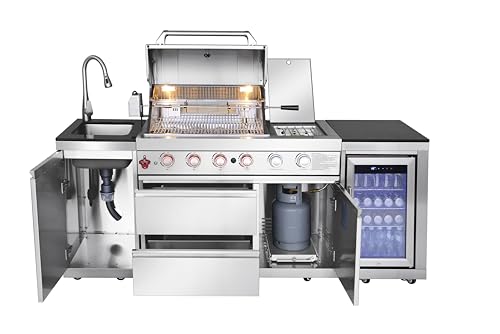 85 Inch Outdoor Kitchen Island with Bar Table, 4 Burner Propane Gas BBQ Grill 71500 BTU, 304 Stainless Steel, Single-Door Refrigerator, Stainless Steel Sink with Faucet, For Backyard BBQ, Sliver