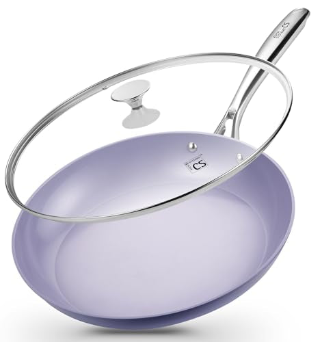 KOCH SYSTEME CS 14 Inch Frying Pan with Lid, Large Skillet with Lid, Extra Large Fry Pan for Family & Commercial Use, Oven Safe, 14 Inch Skillet Lids, Induction Compatible, Purple