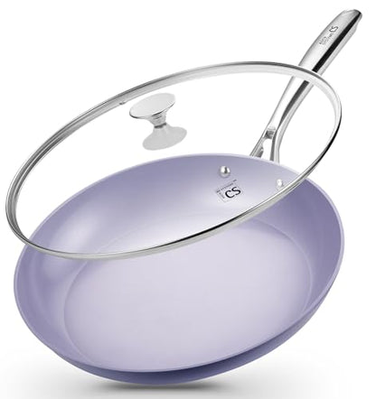 KOCH SYSTEME CS 14 Inch Frying Pan with Lid, Large Skillet with Lid, Extra Large Fry Pan for Family & Commercial Use, Oven Safe, 14 Inch Skillet Lids, Induction Compatible, Purple