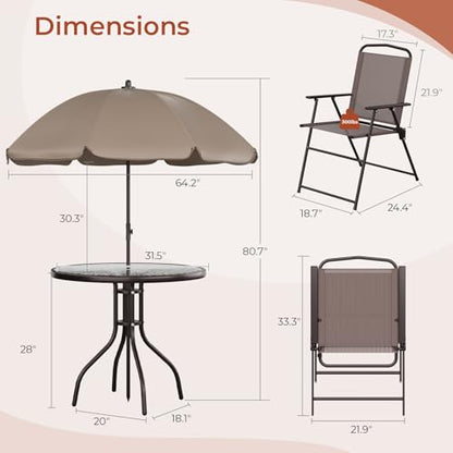 TLSUNNY 6 Pieces Glass Table and Folding Textilene Chairs with 65″ Umbrella