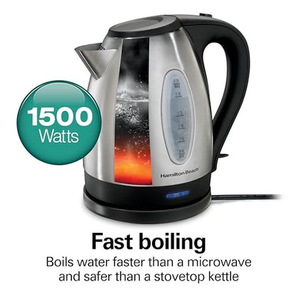 Hamilton Beach Electric Tea Kettle, Water Boiler & Heater, 1.7 Liter, Cordless Serving, 1500 Watts for Fast Boiling, Auto-Shutoff and Boil-Dry Protection, Stainless Steel (40880)