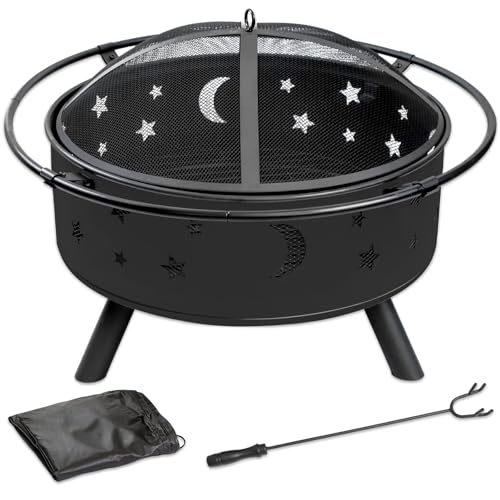 Quilushey 32 Inch Fire Pit Outdoor Fireplace, 2 in 1 Metal Round Firepit for Outside Bonfire Party, BBQ, Camping, Backyard, Patio, Garden, Picnic w/Fire Poker, Spark Screen, Grate, Cover (Moon&Star)