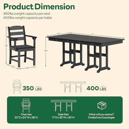 HOPUBUY 7 Pieces Patio Dining Set for 6, 71" HDPE All-Weather Patio Table and Chairs Set with Umbrella Hole, Durable Outdoor Furniture Set for Garden, Backyard, Lawn & Poolside (Black)