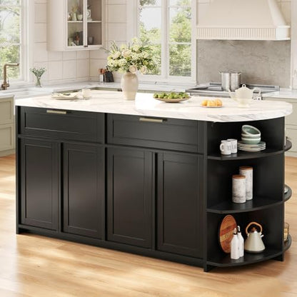 HSH 63” Large Kitchen Island with Seating, White Faux Marble Island Table with 2 Storage Drawers, Cabinets, 3 Open Shelves, Modern Counter Height Stationary Island Prep Table for Kitchen Dining Room