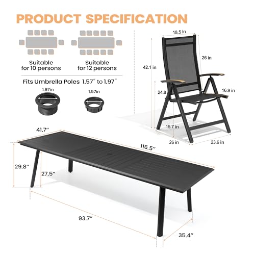 Pellebant 13PCS Outdoor Dining Set for 12, Aluminum Table & Foldable Chair