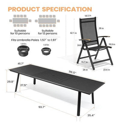 Pellebant 13PCS Outdoor Dining Set for 12, Aluminum Table & Foldable Chair