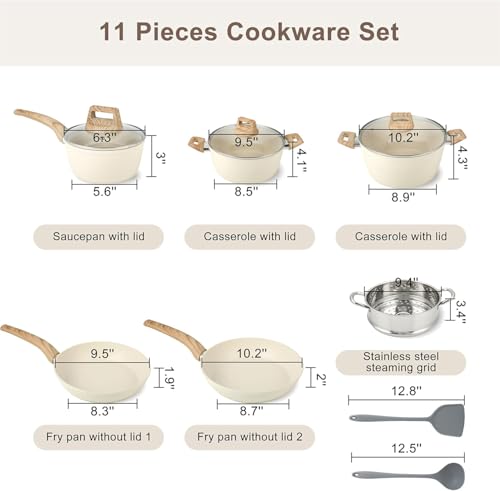 Ray Bear 11 Pcs Pots and Pans Set, Nonstick Cookware Set with Lids and Wooden Handles, Silicone Spoons & Spatulas, Non-toxic Healthy Kitchen Cooking Set, PFAS & PFOA Free