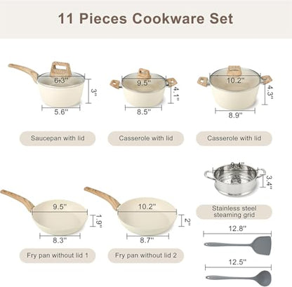Ray Bear 11 Pcs Pots and Pans Set, Nonstick Cookware Set with Lids and Wooden Handles, Silicone Spoons & Spatulas, Non-toxic Healthy Kitchen Cooking Set, PFAS & PFOA Free
