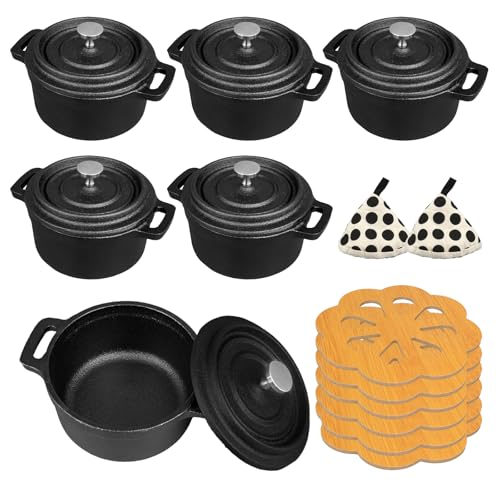 UCEHIPAW 6 Pcs Mini Dutch Oven with Lids and Dual Handles Round Small Iron Cocotte Pot Black Cast Iron Pot for Marinate Bake Refrigerate Cook Grill Garlic Roaster BBQ Stovetop Use (8 oz)