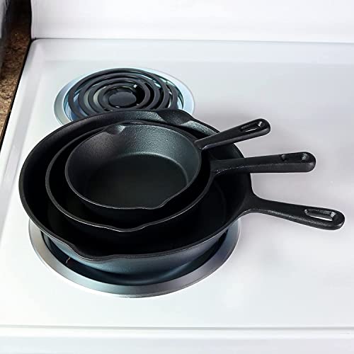 Sunnydaze 3-Piece Pre-Seasoned Heavy-Duty Cast Iron Skillet Set - 6-Inch, 7-Inch, and 10-Inch Black Metal Frying Pans