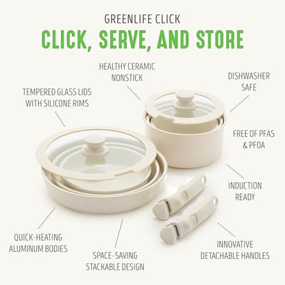 GreenLife 10 Piece Nonstick Pots & Pans Set, Detachable Handle & Stackable Cookware Set, Non Toxic PFAS-Free Skillets, Induction Kitchen Pans, Space Saving, Serving Bowls, Oven Safe, Speckled Cream