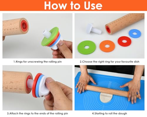 Victhur Rolling Pin with 4 Adjustable Thickness Rings and Long Handle 13.6 Inch Wooden Dough Roller for Baking, Dough, Cookie, Cake, Fondant, Pizza and Pie Crust