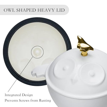 Flavehc Mini Cocotte 16 oz Owl Shaped Mini Dutch Oven 0.5 qt Cast Iron Garlic Roaster for Oven Garlic Confit Pot Ramekins with Lids Oven Safe, White