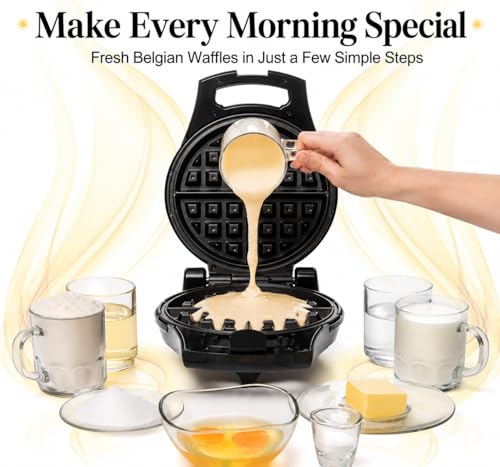 Moss & Stone Belgian Waffle Maker – Rotating Flip Design, 8-Inch Electric Waffle Iron, Non-Stick Grids for Easy Release & Clean, Adjustable Temperature, Compact Upright Storage, Black