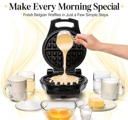 Moss & Stone Belgian Waffle Maker – Rotating Flip Design, 8-Inch Electric Waffle Iron, Non-Stick Grids for Easy Release & Clean, Adjustable Temperature, Compact Upright Storage, Black