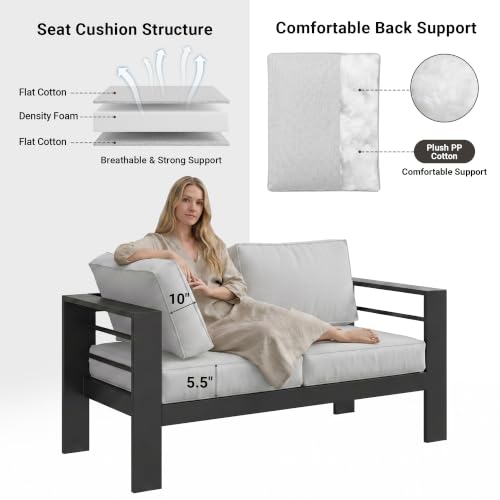 Aluminum Outdoor Couch, 3-Seat Metal Patio Sofa with 10" Back Cushion