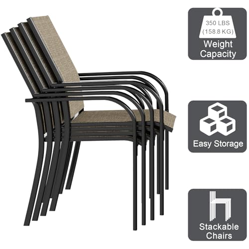 AECOJOY 5 Piece Patio Table and Chair Set for 4, Outdoor Dining Set Includes 51.2" Rectangle Table with 1.73" Umbrella Hole, 4 Stackable Textilene Chairs, for Garden, Backyard and Poolside, Dark Gray