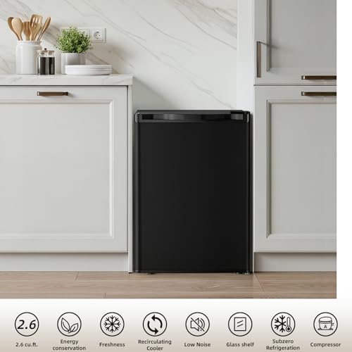 Antarctic Star 2.6 Cu.Ft.Compact Refrigerator with Freezer, Mini Fridge Single Door with Adjustable Thermostat,Removable Glass Shelves for Apartment,Dorm,Office,Kitchen，BLACK