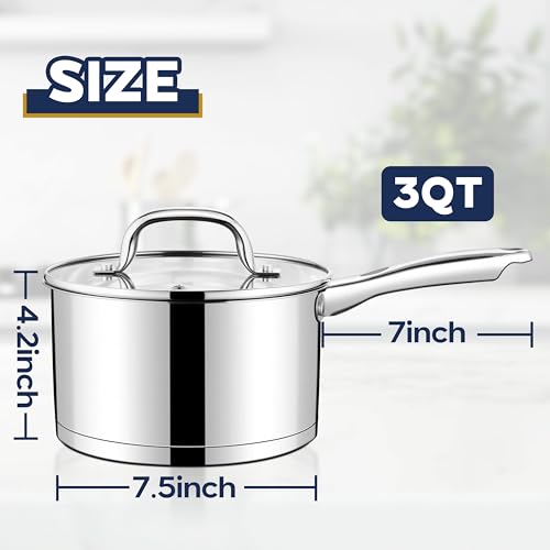 LIANYU 3 qt Saucepan, Stainless Steel Sauce Milk Pan with Visible Lid & Tri-Ply Bottom, Induction Compatible Small Pot for Home & Kitchen Cooking, Boiling, Heavy Duty, Dishwasher Safe
