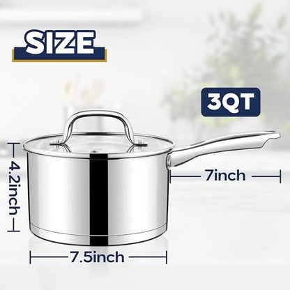 LIANYU 3 qt Saucepan, Stainless Steel Sauce Milk Pan with Visible Lid & Tri-Ply Bottom, Induction Compatible Small Pot for Home & Kitchen Cooking, Boiling, Heavy Duty, Dishwasher Safe