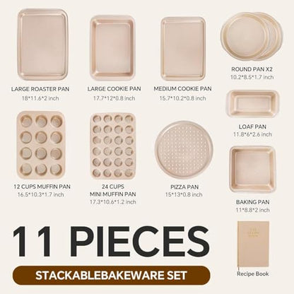 FLAREFX 11 Piece Baking Set | Nonstick & Non Toxic Bakeware Sets Baking Pans Set | Carbon Steel Baking Supplies Include Notebook, Cookie Sheets, Roasting Pan, Muffin Pan, Cake Pan, Pizza Pan, Loaf Pan