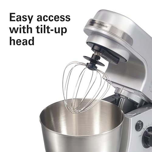 Hamilton Beach Electric Stand Mixer, 4 Quarts, Dough Hook, Flat Beater Attachments, Splash Guard 7 Speeds with Whisk, Silver