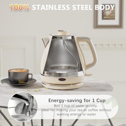 Evoloop Electric Tea Kettle, 1500W /1.0L Hot Water Boiler Heater Pot, Retro Small Electric Kettle, 100% Stainless Steel BPA Free Electric Teapot, Auto Shut-Off & Boil-Dry Protection（Beige）