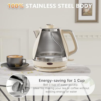 Evoloop Electric Tea Kettle, 1500W /1.0L Hot Water Boiler Heater Pot, Retro Small Electric Kettle, 100% Stainless Steel BPA Free Electric Teapot, Auto Shut-Off & Boil-Dry Protection（Beige）