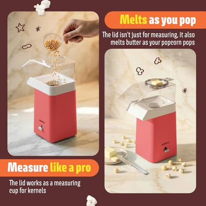 Wumple Hot Air Popcorn Machine - 14-Cup Electric Popcorn Popper, Oil-Free, 1200W - Includes Measuring Cup - Home Popcorn Maker for Movie Nights - Red