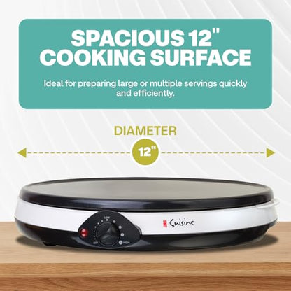 Euro Cuisine CM20 Electric Crepe Maker, 12 Inch Ceramic Non-stick Pan (PTFE PFOA Free), Adjustable Temperature Setting, Also Makes Roti, Dosa, Pancakes, Includes Batter Spreader, Turner and Ladle