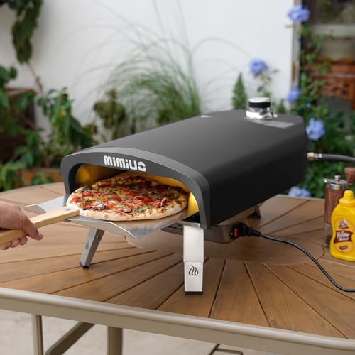 Mimiuo Outdoor Gas Pizza Oven with Automatic Rotating Stone - 39 lbs Heavy Duty Propane Pizza Stove 14 Inch for Backyard Camping, Bakes Pizza in 60 Seconds, Includes Pizza Stone, Peel & Cover