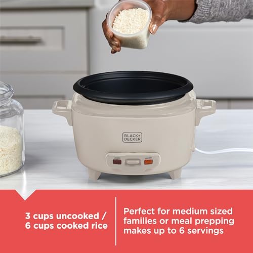 BLACK+DECKER 6-Cup Cooked (3 Cups Uncooked) Rice Cooker, Steaming Basket, Removable Nonstick Bowl, One-Touch Operation, Baked Stone
