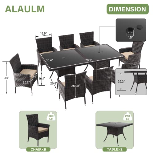 ALAULM 10 Piece Outdoor Patio Dining Set for 8 All-Weather Wicker Patio Furniture Set w/Tempered Glass Tabletop, Removable Cushions and Umbrella Hole for Patio, Backyard, Garden, Poolside (Brown)