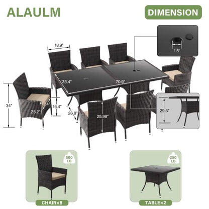 ALAULM 10 Piece Outdoor Patio Dining Set for 8 All-Weather Wicker Patio Furniture Set w/Tempered Glass Tabletop, Removable Cushions and Umbrella Hole for Patio, Backyard, Garden, Poolside (Brown)