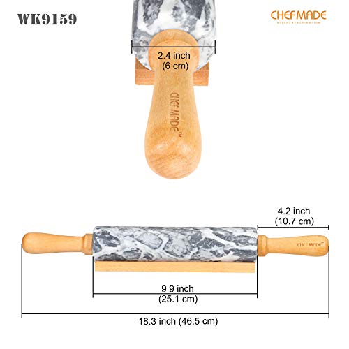 CHEFMADE 18-Inch Marble Rolling Pin with Wooden Handles and Cradle, Non-Stick (Gray and White)