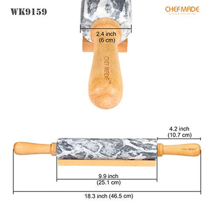 CHEFMADE 18-Inch Marble Rolling Pin with Wooden Handles and Cradle, Non-Stick (Gray and White)