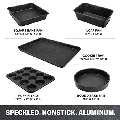 Granitestone Ultra Nonstick Bakeware Set, 5 Piece Dishwasher Safe Baking Pans Set with Muffin Pan, Loaf Pan, Round Baking Tray & Baking Sheet for Oven with Even Heating &No Warp Technology