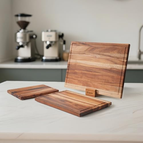 Cokka Praca Non Toxic Acacia Wood Cutting Board Set with Stand | 3 Pcs Knife-Friendly Non-Slip Wooden Cutting Boards for Kitchen | 0.7″Thick Butcher Block | Solid Chopping Boards with Juice Groove