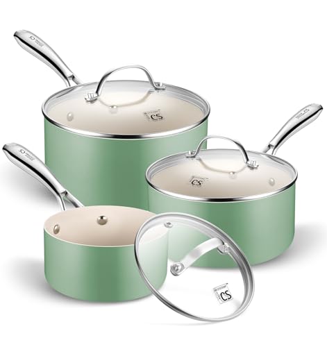 KOCH SYSTEME CS Nonstick Sauce Pan with Lid 1QT, 2QT & 3QT, Ceramic Saucepan Set 6Pcs, Non-Toxic Saucepan Set, Cooking Pots Set, Oven Safe & Induction Compatible, Green